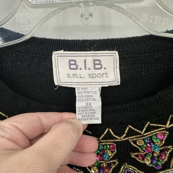 vintage 80s BEADED SEQUINS SWEATER tunic shoulder pads colorful floral 2X - Picture 8 of 8